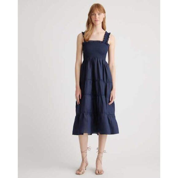 Quince 100% European Linen Smocked Midi Dress Deep Navy Blue NWT Size Medium - Picture 1 of 6